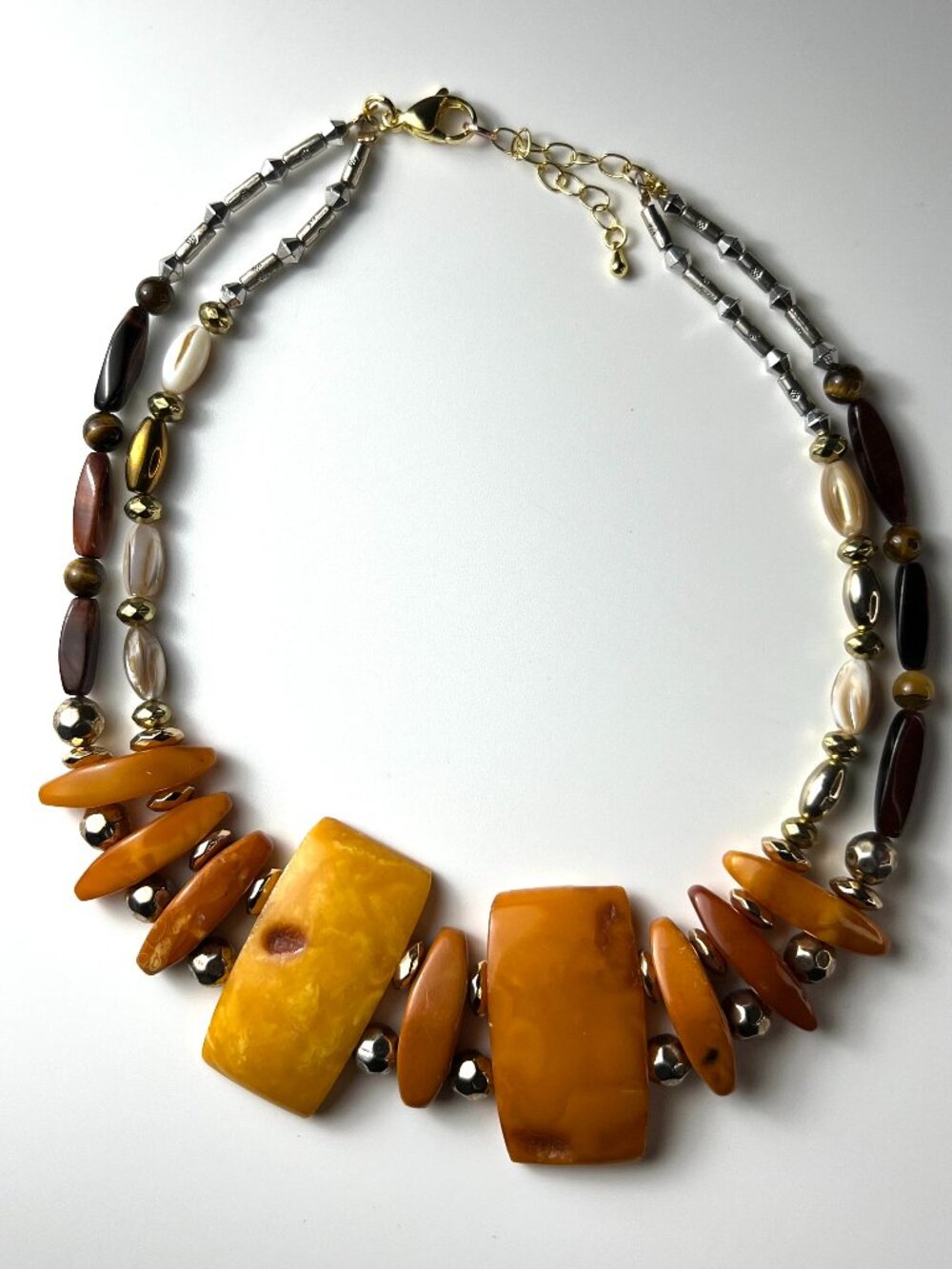 Tribal Bib Necklace - Butterscotch Amber Resin & Tiger’s Eye Statement Piece
